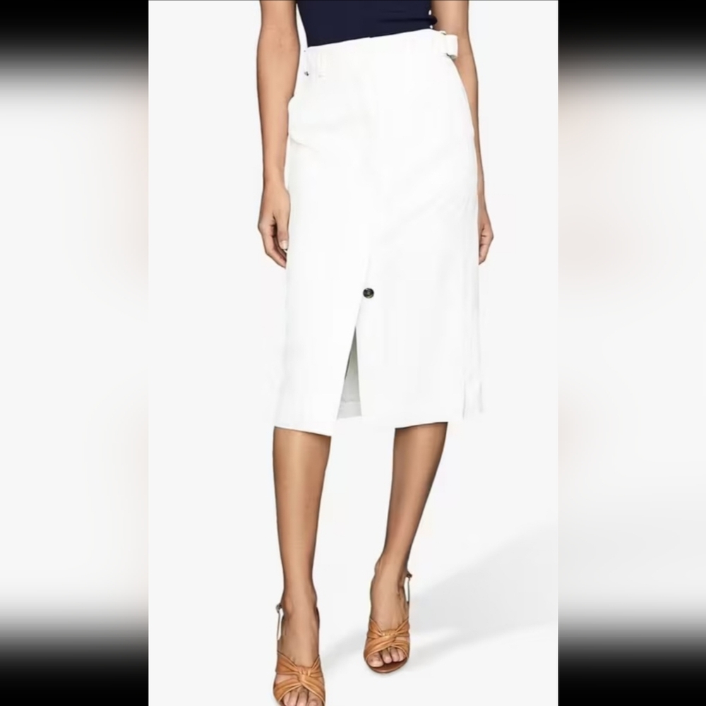 Reiss Katie Viscose Linen Blend White Midi Button Front Skirt, Size 2